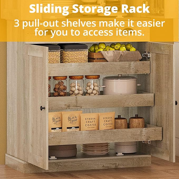 IRONCK Kitchen Pantry Cabinet 72" Height, Freestanding Cupboard with Drawer, Sliding Storage Rack, and 6 Hanging Shelves for Dining Room, Laundry, Rustic Maple