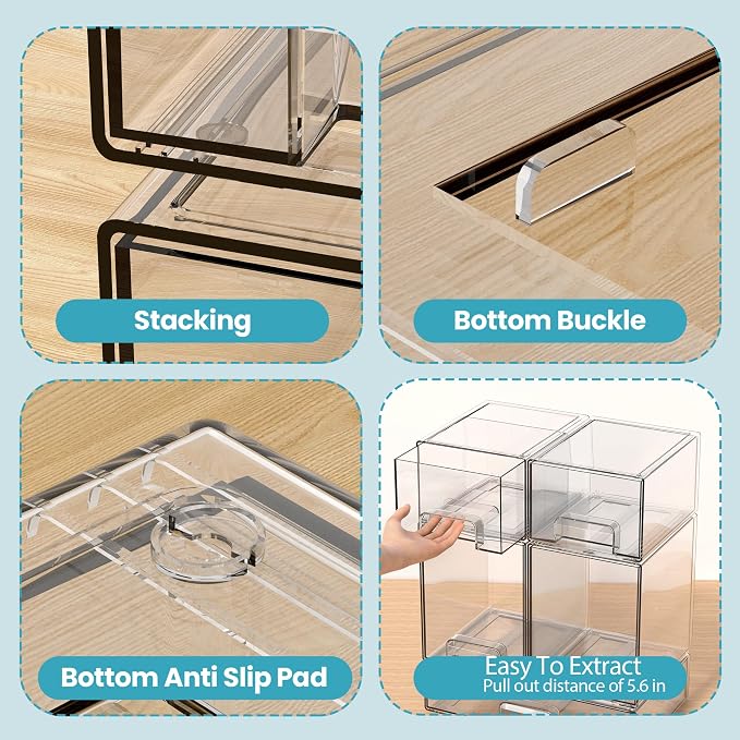 Stackable Storage Drawers, 4 Pack Clear Acrylic Makeup & Bathroom Organizer, Versatile Storage Bins for Vanity, Under Sink, Kitchen Cabinets & Pantry (4 Pack)