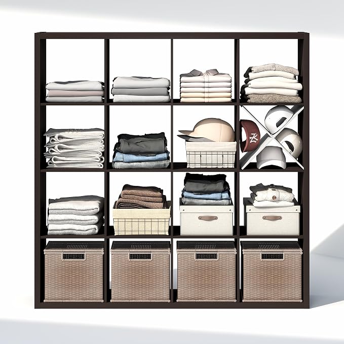 Furinno Cubic Extra Thick 16-Cube Closet Organizers and Storage, Dark Oak | 14.6 x 58 x 58 in, Open Shelf Closet Storage, Closet Organizer, for Wardrobe, Bedroom, Living Room