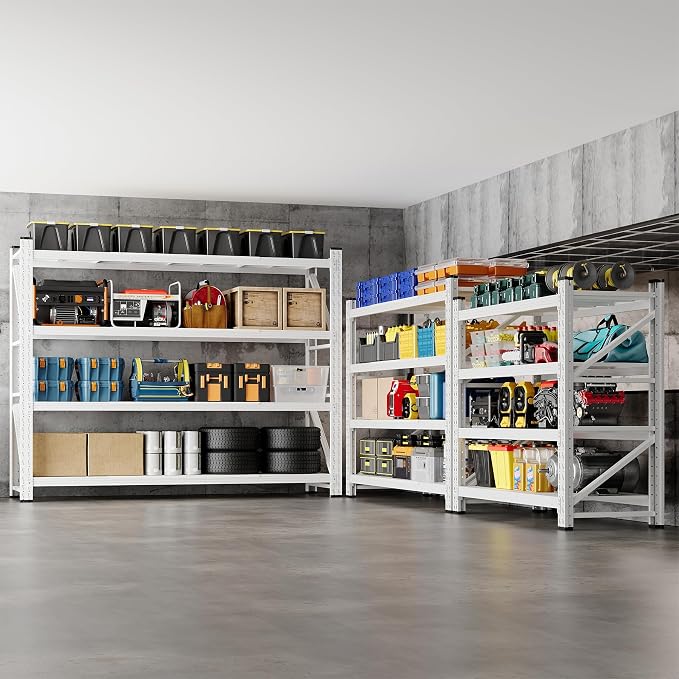 BYNSOE 60" W Storage Shelves 5000lbs Garage Metal Shelving Heavy Duty Garage Shelves Adjustable Storage Shelves for Industrial, Factory, (White, 60" W X 24" D X 70" H)