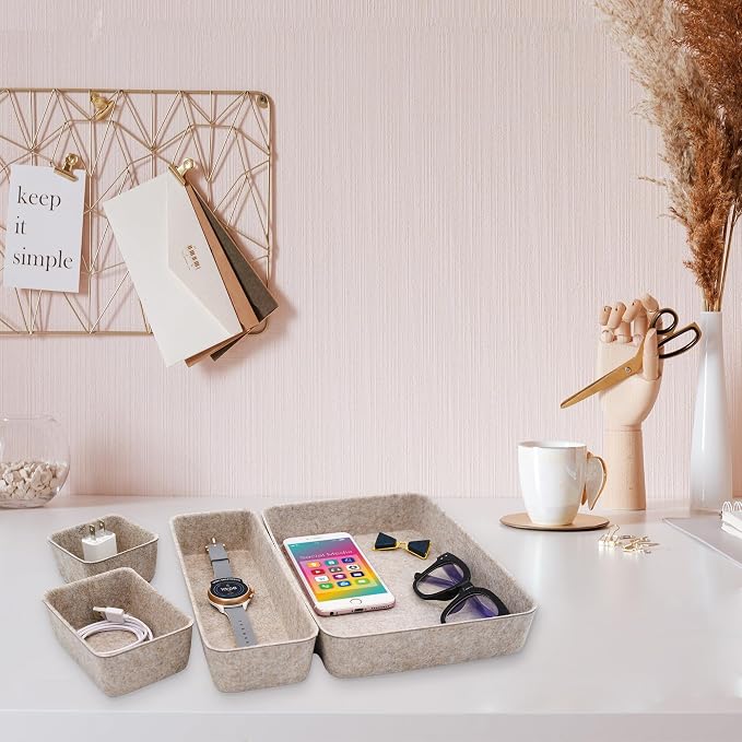 Welaxy 8pc Nordic Felt Desk Drawer Organizer Tray Beige Oatmeal Storage Bin | Sustainable material soft yet sturdy,multi-purpose storage, sleek minimalist lifestyle