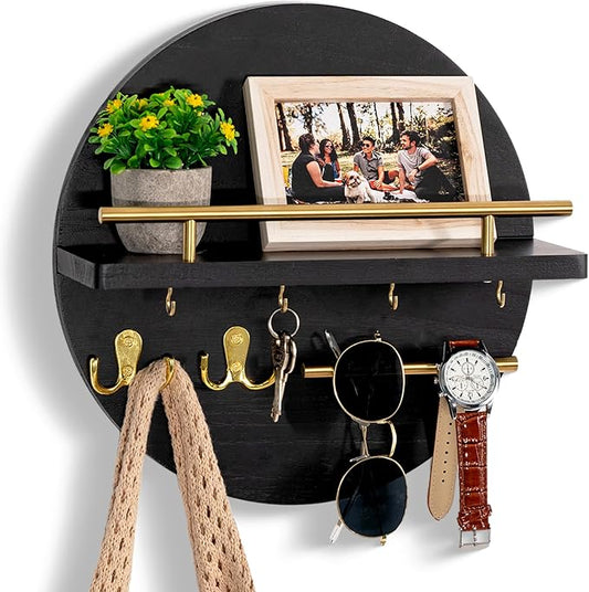 dreampossible Key Holder for Wall Decorative with Shelf and Hooks, Mail Organizer Wall Mount with Sunglasses Holder, Circular Design Entryway Key Rack Hanger, Rustic Home Decor