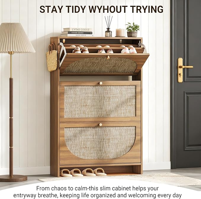 Nicetree Rattan Arched Accent Shoe Storage Cabinet - Freestanding Ultra Slim for Entryway, 3 Flip Drawers & 3-Tier Adjustable Shelves, Farmhouse Modern Rustic Shoe Rack for Hallway, Foyer, Living Room