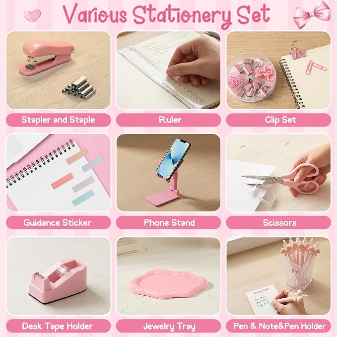 WATINC Pink Desk Organizer Accessories - 21pcs Aesthetic Office School Storage Supplies with Mesh Desk Organizer, Bow Pen Holder, Tape Dispenser, Ruler, Clip, Phone Stand Stationery Kit for Girl Women