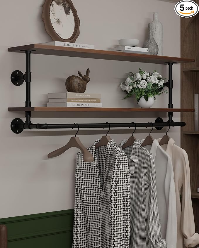 Clothes Rack 48in, Wall Mounted Garment Rack with Real Walnut Wood Shelf, Heavy Duty Hanging Clothes Rack, Multi-Purpose Hanging Rod, Space-Saving Closet Storage (Walnut, 2T48IN)