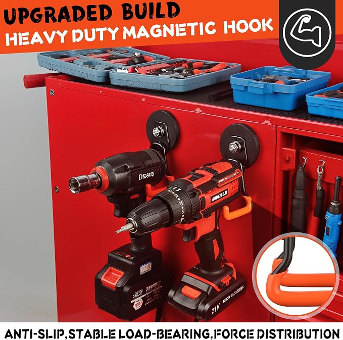 ULIBERMAGNET New Upgraded Heavy Duty Magnetic Garage Hooks,2 Pack Strong Large Magnet Hooks for Power Drill,Garden Tools,Hose,Pegboard,Garage, Workshop,Magnetic Storage Hook for Hanging(Orange)