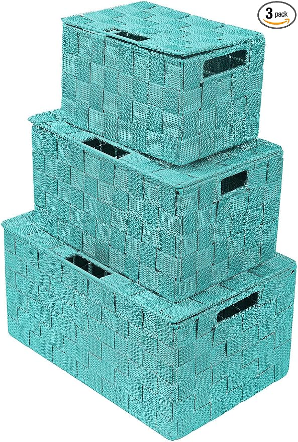 Sorbus Set of 3 Hand-Woven Storage Baskets with Lids – Decorative Wicker Organizers for Home, Closet, or Shelves (Aqua)