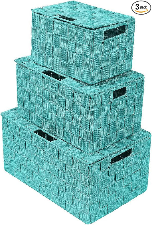 Sorbus Set of 3 Hand-Woven Storage Baskets with Lids – Decorative Wicker Organizers for Home, Closet, or Shelves (Aqua)