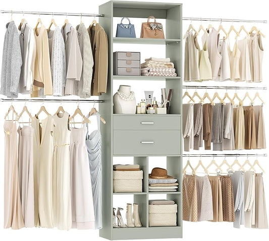 Besiost Closet System, 4-8 FT Closet Organizer Tower with 2 Wooden Drawers and 5 Hanging Rods, Can Fit 60 to 96 inch Walk-in Closet System, Crab Green