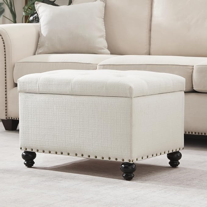 Zihanhome Small Storage Ottoman, Tufted Ottoman Foot Rest, Foot Stools, 24" Upholstered Rectangle Bench with Solid Wood Legs for Living Room, Bedroom, Dorms and Apartments (White)