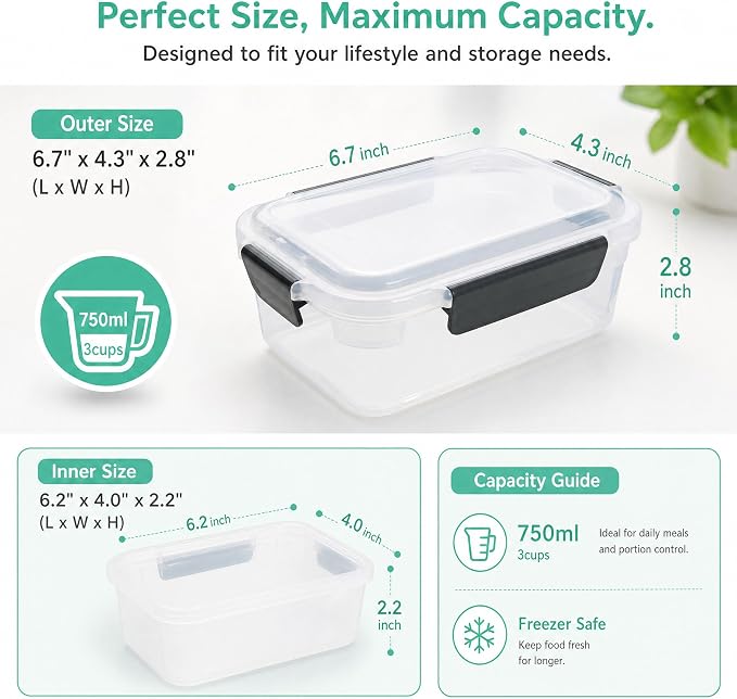 YORY 3cup Plastic Food Storage Containers With Lids For Portion Control,5pk | BPA free,Stackable and Nestable,Snaplock Lid ,Freezer Dishwasher Microwave Safe