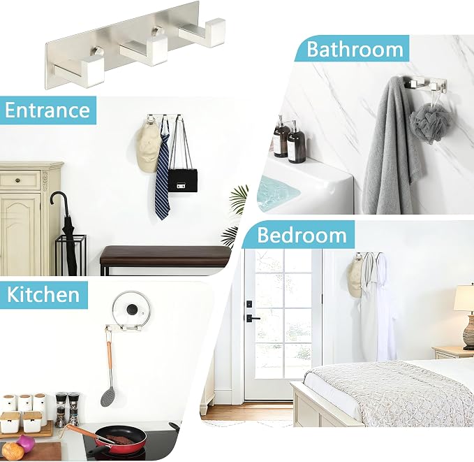Alise Coat Hook Wall Mount Hat and Coat Rack 3 Hooks Wall Mount,Brushed | Key Hooks for Robes,Bags,Keys,and Towels,SUS304 Stainless Steel Wall Hooks for Hanging,Self Adhesive or Drilling