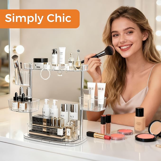 360°Rotating Makeup Organizer,Makeup Organizer Countertop with Brush Holder and Perfume Stand,Bathroom Counter Organizer,Skincare Holder Stand for Vanity,Detachable Hanging Hooks