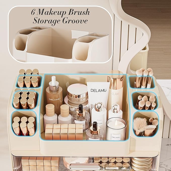 Delamu Large Makeup Organizer Countertop with 6 Brush Holders, Makeup Organizers for Vanity with 2 Large Drawers, Easy to Store Skincare, Lipsticks, Nail Polishes, Eyeshadow Palettes, Cream White
