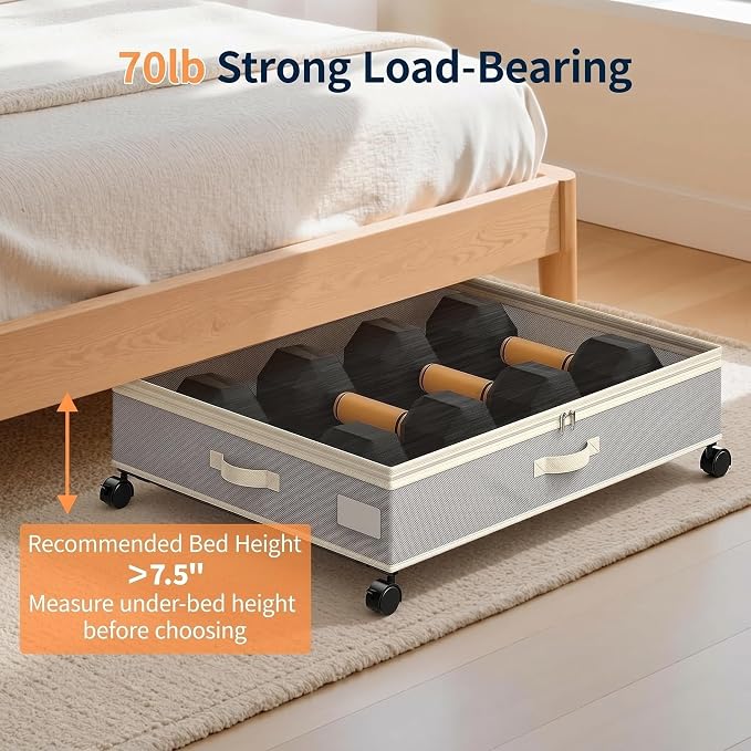 Yecaye 80L Large Under Bed Storage Containers with Wheels, 2 Pack, Grey | 80L Capacity, Space-saving, 360° Rolling Wheels, Clear Window & Label, Sturdy Fabric, For Clothes, Shoes, Blankets