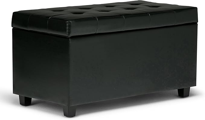 SIMPLIHOME Dover 36" Wide Vegan Leather Storage Ottoman in Distressed Brown | Midnight black, transitional storage ottoman with tufting and lift-up lid; rectangle storage bench for living room.