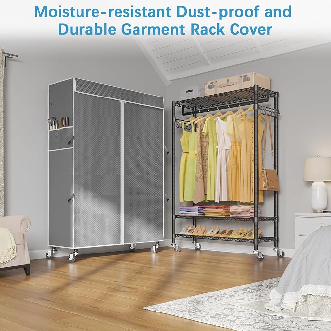 VIPEK R3C Plus Portable Closet for Hanging Clothes Rolling Rack with Cover | Lockable Wheels, Adjustable Wire Shelving, Metal Side Hooks, Polyester Cover, Heavy Duty 380lbs, Space-Saving for Bedroom
