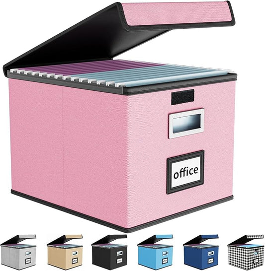File Organizer Box with Lids, Collapsible File Folder Organizer | File Box with Plastic Slides for Office Document Storage, Filing Bin for Letter Size Hanging File Folders (1 Pack, Pink)