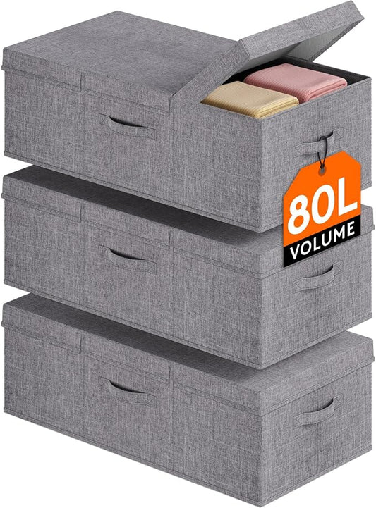 Lifewit 80L Under Bed Storage Containers, 9.8 Inch Tall Underbed Clothes Storage Organizer Bin with Sturdy Sidewalls, Bottom, 3 Lids, Deep Storage Drawer for Clothes, Shoes, Blankets, Pillows 3 Pack