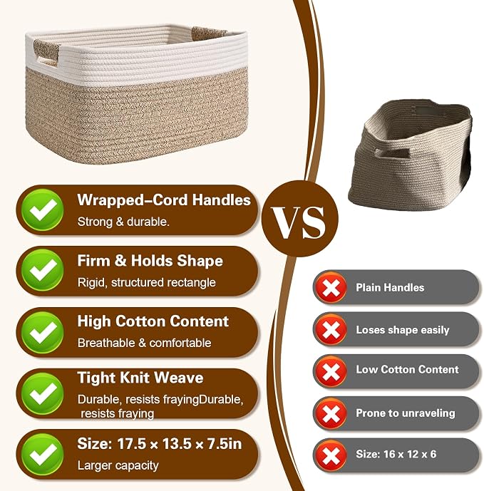 2 Pack Large Storage Basket for Organizing, 17.5"x13"x7" Woven Basket for Shelves, Closet Cube Storage Bins with Wrapped Handle, Cotton Rope Baskets for Kitchen, Clothes, Toys(Off White & Brown)