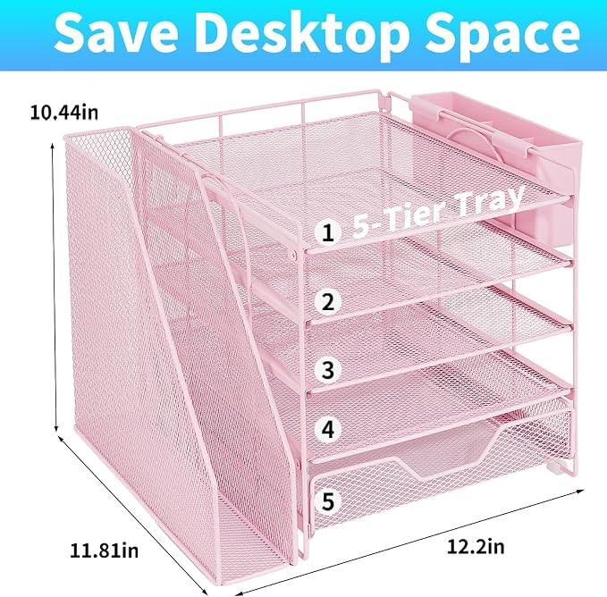 Desk Organizers and Accessories, 5-Tier Paper Letter Tray Organizer with File Holder, Drawer & Pen Holder, Office Desk Accessories, Desktop Organizer for Classroom Office Supplies, Pink