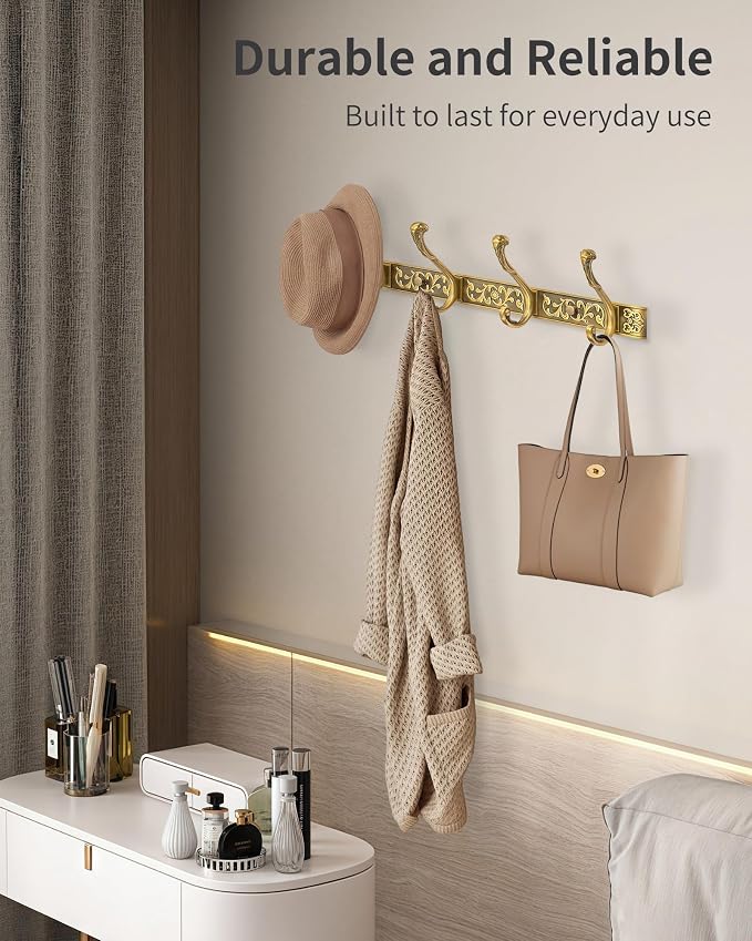 Vintage Coat Rack Wall Mount, Decorative Wall Coat Rack with 4 Hooks for Hanging Key Purse Hat Robe Towel Clothes Unique Hanger for Bathroom Shower Entryway Antique Brass 1 Pack