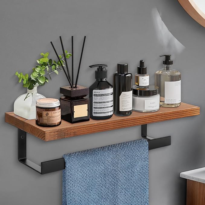 Hand Towel Holder/Towel Ring with Wooden Shelf, Hand Towel Rack, Hand Towel Hanger for Bathroom, Bath Accessories Wall Mounted, (Matte Black, 12"-Squ Shaped)
