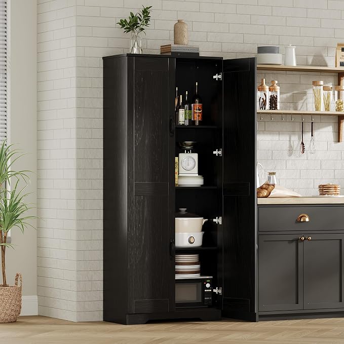 Garvee Tall Pantry Cabinet, 60" Kitchen Storage Cabinet with 2 Doors & Adjustable Shelves, Freestanding Wooden Cupboard for Bathroom，Dining Room, Living Room, Black | Kitchen Storage Cabinet with 2 Doors & Adjustable Shelves, Wooden Cupboard for Bathro...