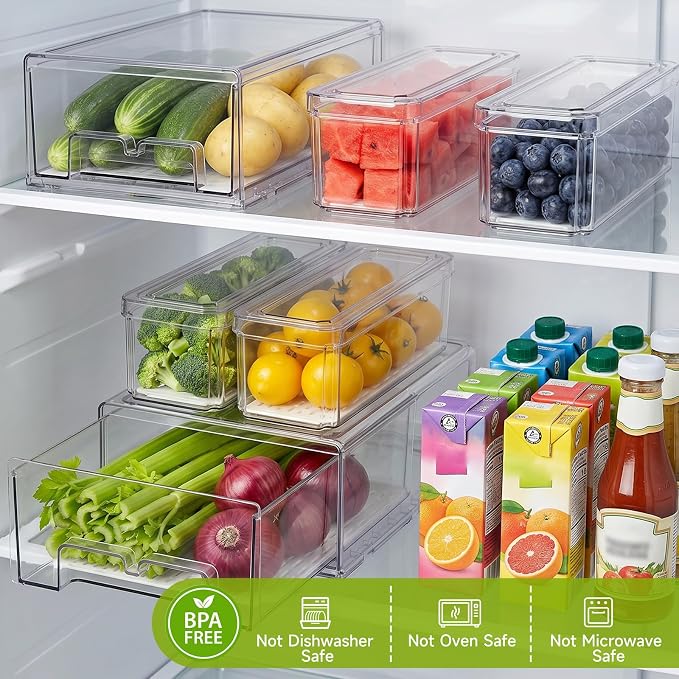 6Pack Fridge Organizers and Storage with Drain Trays,BPA-Free PET,Stackable | 6pack: 2 pull-out organizers & 4 containers with drain trays for fruit, vegetable, drink, snack food storage