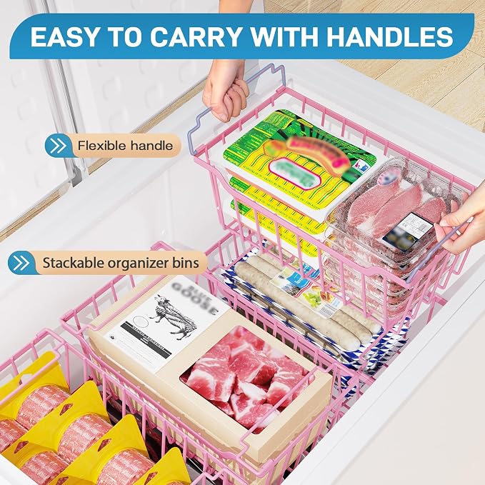 SUNALLY Freezer Organizer Bins, 8 Pack Stackable Pantry Storage Bins, Pink | Chest Freezer Organizer for 5-7 Cu.FT Deep Freezer to Sort Frozen Meats & Food, Wire Baskets for Pantry Organizers & Storage