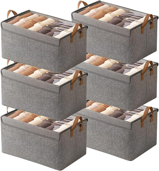 AARAINBOW Closet Clothes Organizer Bins 6 Pc, Fabric Box Storage Shelf Bins Stackable, Foldable Closet Shelf Storage Container with Lid, Fabric Storage Bin with Steel Frame, 23L (6 Gray with Lid)