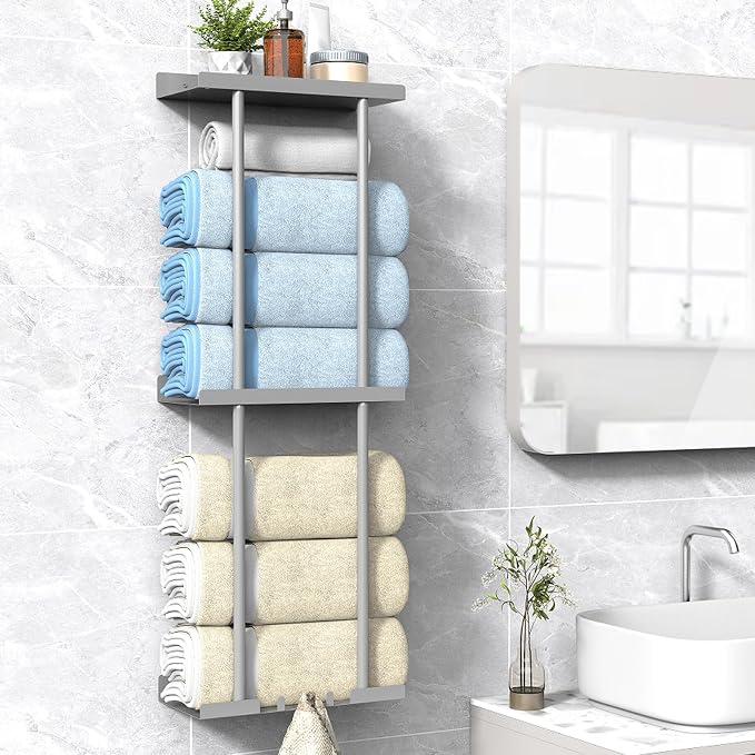 Liuoud Towel Rack for Bathroom, Wall Mounted Bath Towel Holder Storage Organizer for Rolled Towels, Vertical Towel Rack with Shelf Can Holds Up 6 Large Bath Towel (Grey, Larger Size)
