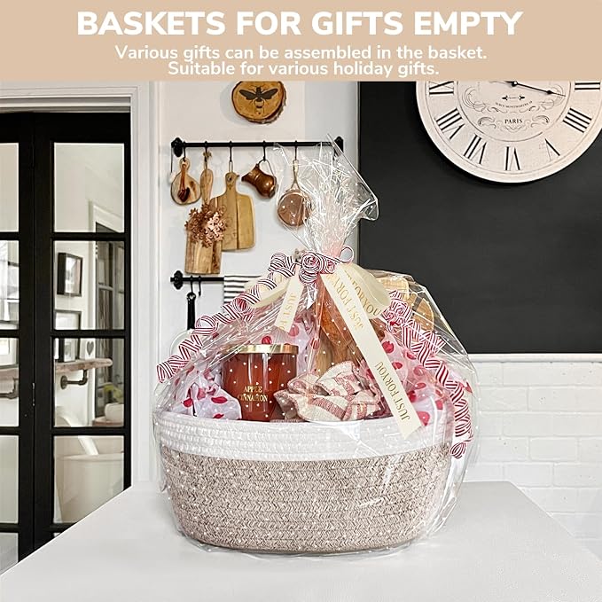 CHICVITA Rope Gift Baskets Empty with Bags & Ribbon, Boo Basket, Brown | 12"x 8"x 5" Small Woven Basket for Gift for Halloween Christmas Day, Cute Baskets for Snacks Toys with Durable Handles