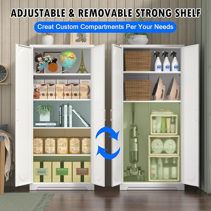Polup 71" White Metal Kitchen Pantry Storage Cabinet with Doors and Shelves | Freestanding Cupboard, Cold-Rolled Steel, 5-Tier Heavy Duty, Adjustable Shelving, Gold Handles, for Garage Office & Laundry