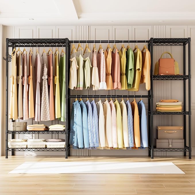 Golpart Heavy Duty Clothes Rack Metal Wardrobe with Adjustable Wire Shelves | Closet Organizers and Storage Clothing Rack Metal System Freestanding Hanging Clothes System Free Standing Garment Coat Racks