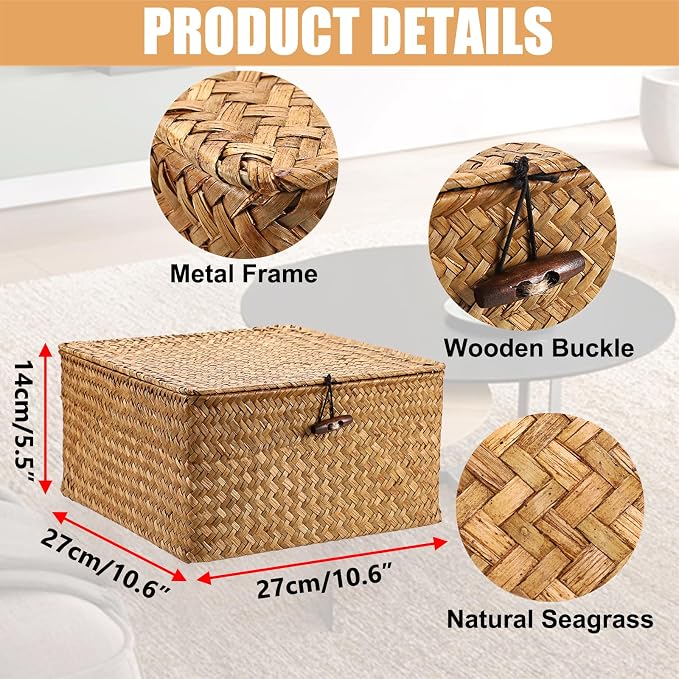 Hipiwe Handwoven Seagrass Basket Bin Square Household Storage Container with Lid Wicker Shelf Basket Bin for Bookshelf Living Room Bath Room, Large Caramel