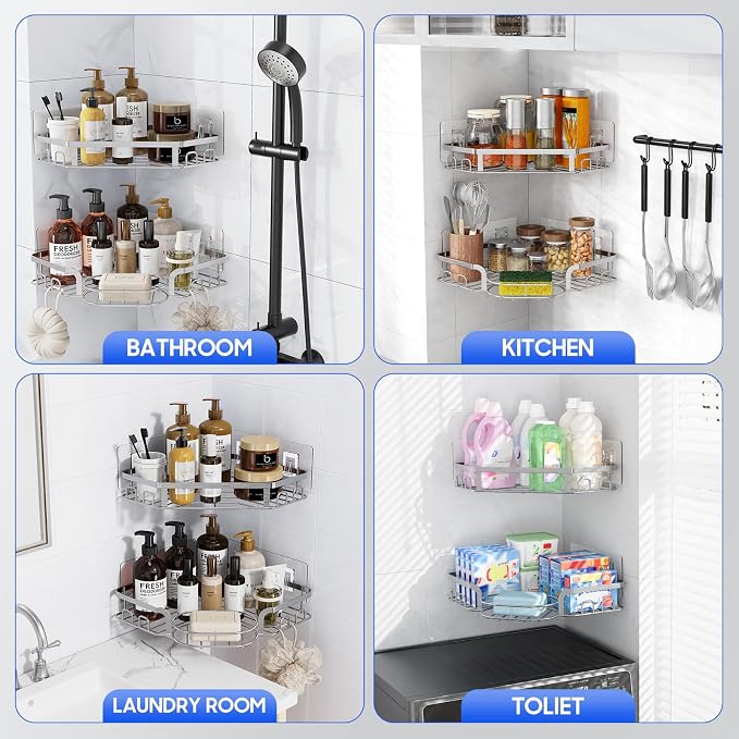 Corner Shower Caddy, Rustproof Shower Organizer with Soap Holder and 8 Hooks, No Drilling Adhesive Shower Shelves for Inside Shower, Large Capacity Shower Rack for Bathroom Shower Storage, Sliver