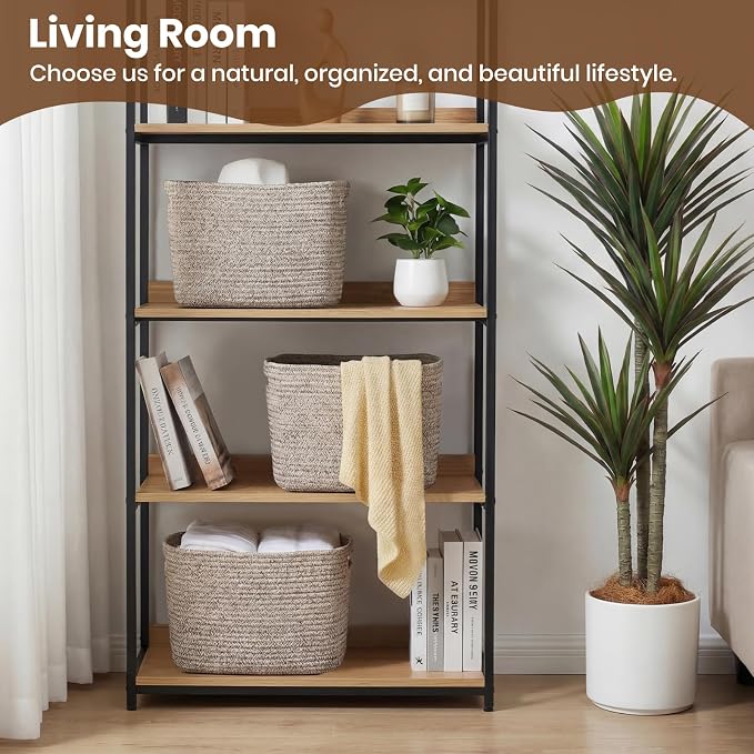 Storage Baskets for Organizing, 14 x 10 x 9” Closet Shelf Woven Baskets, Square Bins with Handles, Cotton Rope Basket for Clothes, Office, Room, Brown 1 Pack