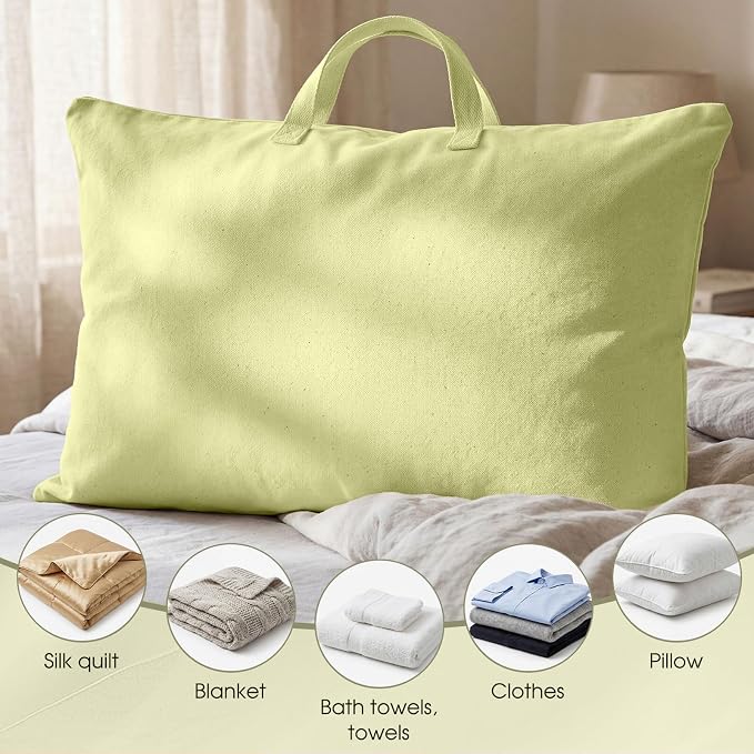 2 Pack Travel Pillow and Blanket Bags, 100% Cotton Canvas Pillow Storage Bag with Handles, Heavy Duty Breathable Organizer for Bedding Linens, Pillow Bag for Traveling(2,Olive Green,20"x26")