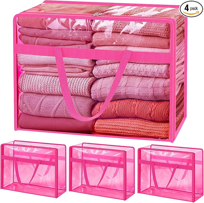Blanket Storage Bags 4 Pack 60L Clothes Comforter Bedding Container Pink