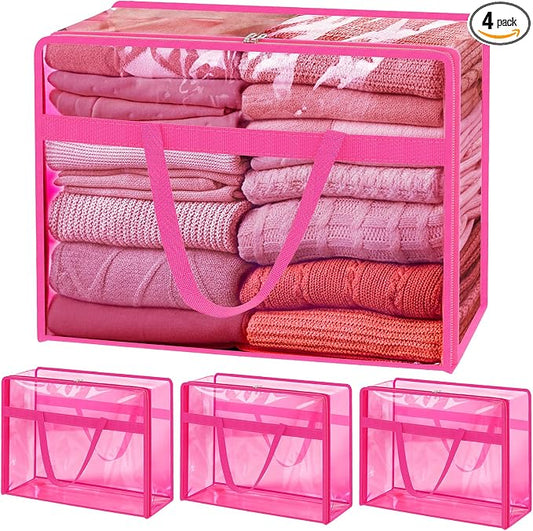 Blanket Storage Bags 4 Pack 60L Clothes Comforter Bedding Container Pink