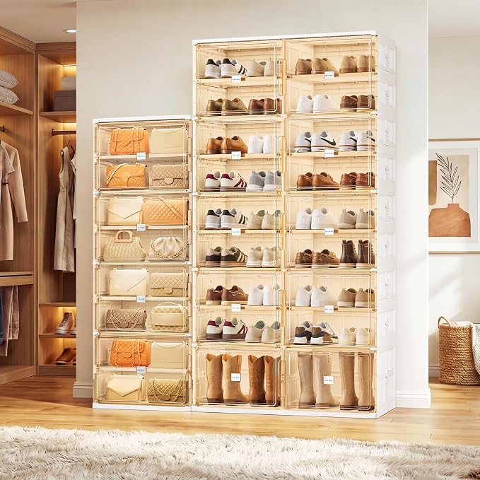 JEKO&JEKO 5 Tiers Foldable Boot and Shoe Storage Rack Cabinet for Closet Entryway, Large Collapsible Shoe Organizer with Magnetic Doors (White)