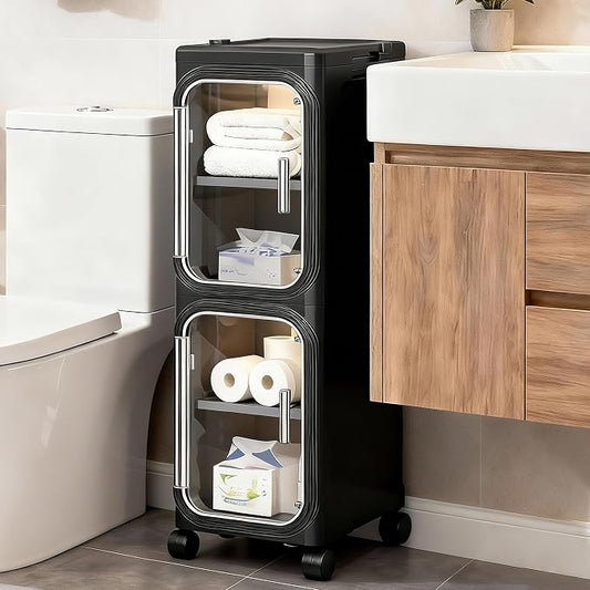 2-Tier Narrow Slim Bathroom Storage Cabinet with Wheels, Black | Tool Free Assembly, Adjustable Shelves, Fits for Narrow Spaces, Reinforced Stability, Magnetic Clear Door