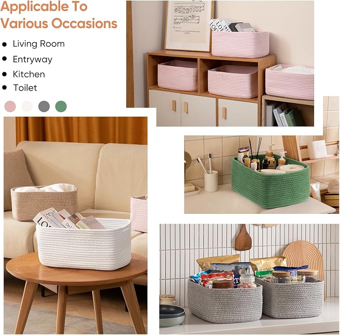 OIAHOMY 4 Pack 14.17 * 11.02 * 6.3IN Storage Baskets for Organizing Shelves, Woven Rope Baskets for Organizing Books, Clothes, Decorative Basket for Living Room, Nursery, Bedroom, Gift Basket, Pink