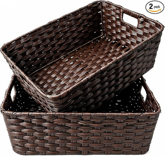 Large 2-Pack Plastic Wicker Storage Baskets, 17"x13"x5.5", Brown | onlytak woven bins for laundry, closet, living room, shelf organization, and even a cat bed – perfect home storage decor.