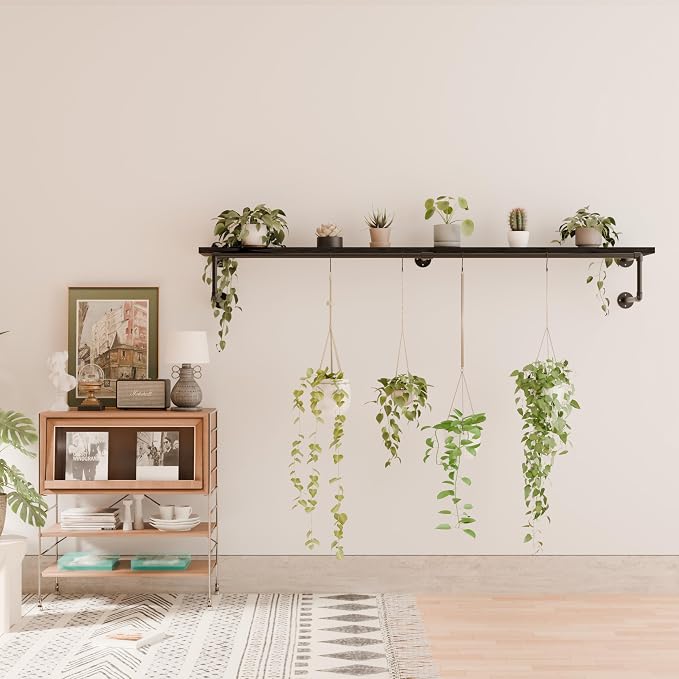Clothes Rack 70in, Wall Mounted Garment Racks with Real Black Wood Shelf, Heavy Duty Hanging Clothes Rack, Multi-Purpose Hanging Rod, Space-Saving Closet Storage