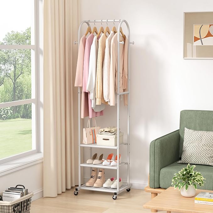 Kaitiemoo Clothing Rack, Mobile Garment Rack with Wheels & 3 Shelves, White | Heavy Duty Frame, Fits Small Spaces, 71.8 Inches Display Rack, Easy to install, White clothes rack