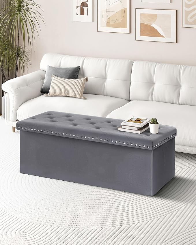 B FSOBEIIALEO Storage Ottoman Bench, Folding Tufted Ottomans with Storage, Extra Large 140L Storage Boxes Footrest Bench for Bedroom, Luxury Velvet Fabric 43 Inches Grey