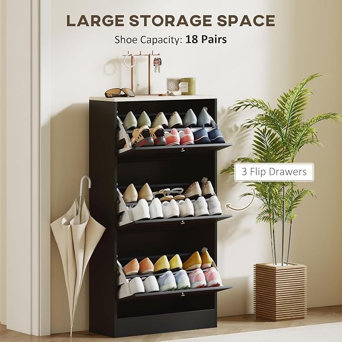 HOMCOM Narrow Shoe Storage Cabinet for Entryway with 3 Flip Drawers and Adjustable Shelves, Shoe Rack Organizer for 18 Pairs of Shoes, Black