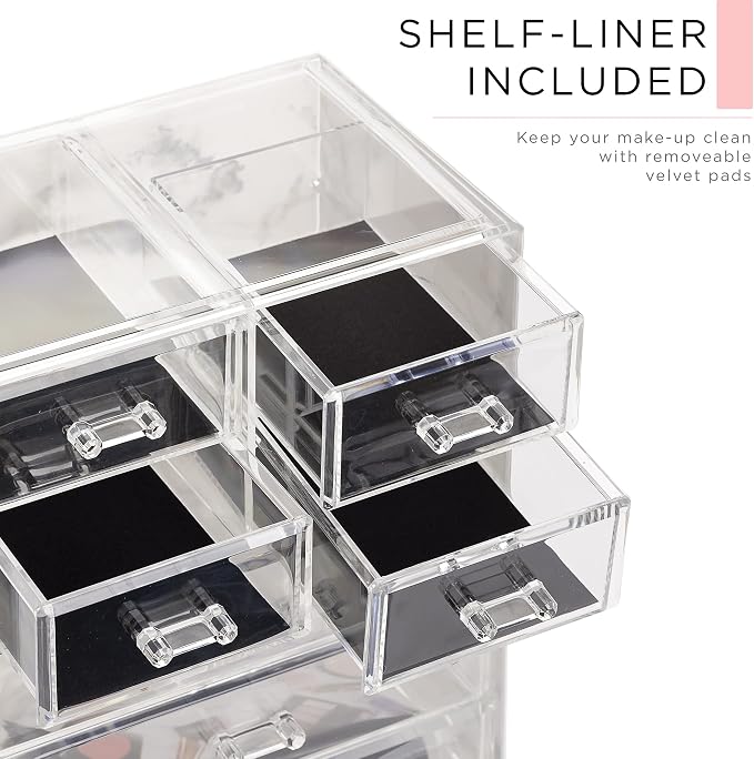 Sorbus Acrylic Makeup Organizer Set, 7-Drawer Vanity & Countertop Cosmetic Storage with Small & Wide Compartments, Marble Print Makeup Storage for Brushes, Jewelry – Holiday Gift for Women & Teens